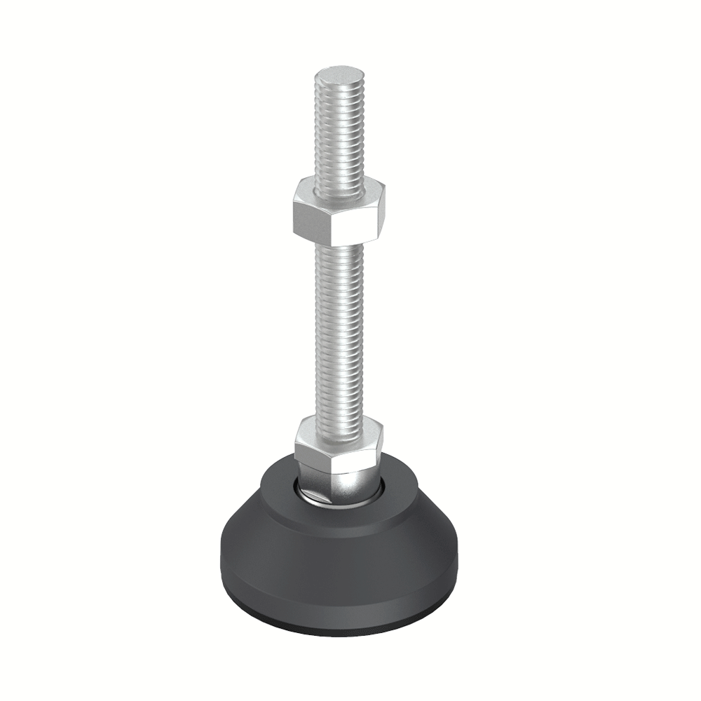 Nuestros pies niveladores tienen una base reforzada con una inclinación máxima de 15º. Resiste a un peso de hasta 267 kgs.  Nuestro pie nivelador ha sido diseñado para aplicaciones donde se necesita un buen acabado y buenas propiedades mecánicas. Se puede suministrar con base antideslizante.