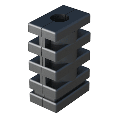 Conector <b>expansor</b> - de <b>Nylon</b> (PA6) de alta resistencia - que permite conectar <b>2 tubos rectangulares</b> - conector de dos partes - y consta de 2 o 4 cavidades para alojar tuercas hexagonales (<b>SW 8</b>, <b>SW 10 </b>, <b>SW 13</b> o <b>SW 17</b> - según referencia).

Se suministra <b>sin tuercas</b>, <b>con una o dos tuerca(s) arriba</b>, <b>con una o dos tuerca(s) abajo</b> o <b>con todas las tuercas</b>.

Al roscar, la tuerca expande la cavidad donde se aloja y genera una fuerte conexión de tracción contra la pared interna del tubo (sin que esta se deforme).

La resistencia resultante dependerá en gran medida de las propiedades del tubo (tolerancias, acabados, soldadura...) y de su par de apriete, por lo que recomendamos realizar ensayos con muestras.

Se puede combinar con conectores articulados, permitiendo conectar tubos con diferentes secciones y dimensiones. <br>

Para otras especificaciones del producto - que no se reflejen en el programa estándar -, consulte con nuestra oficina comercial.
