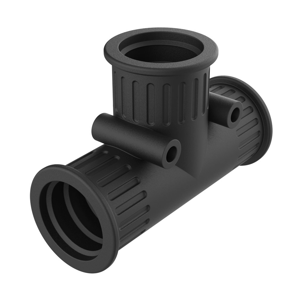 <p>Nossas luvas de derivação <b>MDB</b> são fabricadas em <b>TPE</b> macio em formato “T” para criar derivações entre trechos de tubo.</p>

<p>Estas luvas, <b>resistentes a UV</b>, são montadas por pressão nas extremidades dos tubos e, graças aos dentes internos, aderem perfeitamente ao perfil exterior. Os furos para fixação em parede têm diâmetro Ø 4 mm. Podem ser usadas mesmo entre tubos de diferentes dimensões.</p>

<p>· <b>Material:</b> TPE<br>
· <b>Cor:</b> preto<br>
· <b>Temperatura de utilização:</b> -40 °C / +120 °C (pontas até +150 °C)<br>
· <b>Proteção IP:</b> IP66 segundo EN 60529</p>

<p><i>Disponível em cinza sob pedido.</i></p>