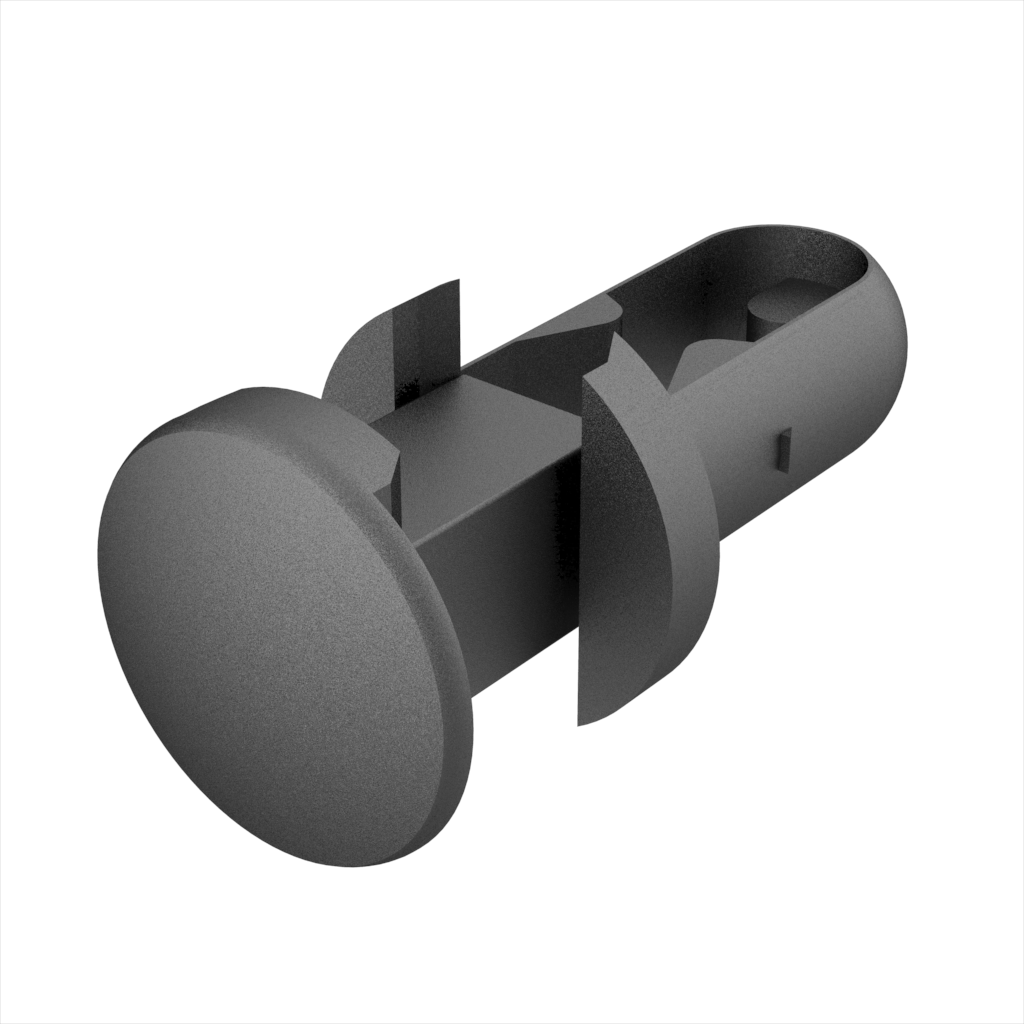 Este remache de 2 elementos está indicado para el ensamblaje de paneles. Una vez colocado en el agujero, se remacha golpeando la cabeza de la pieza con un martillo o herramienta de impacto. Se puede retirar extrayendo la cabeza (reutilizable).