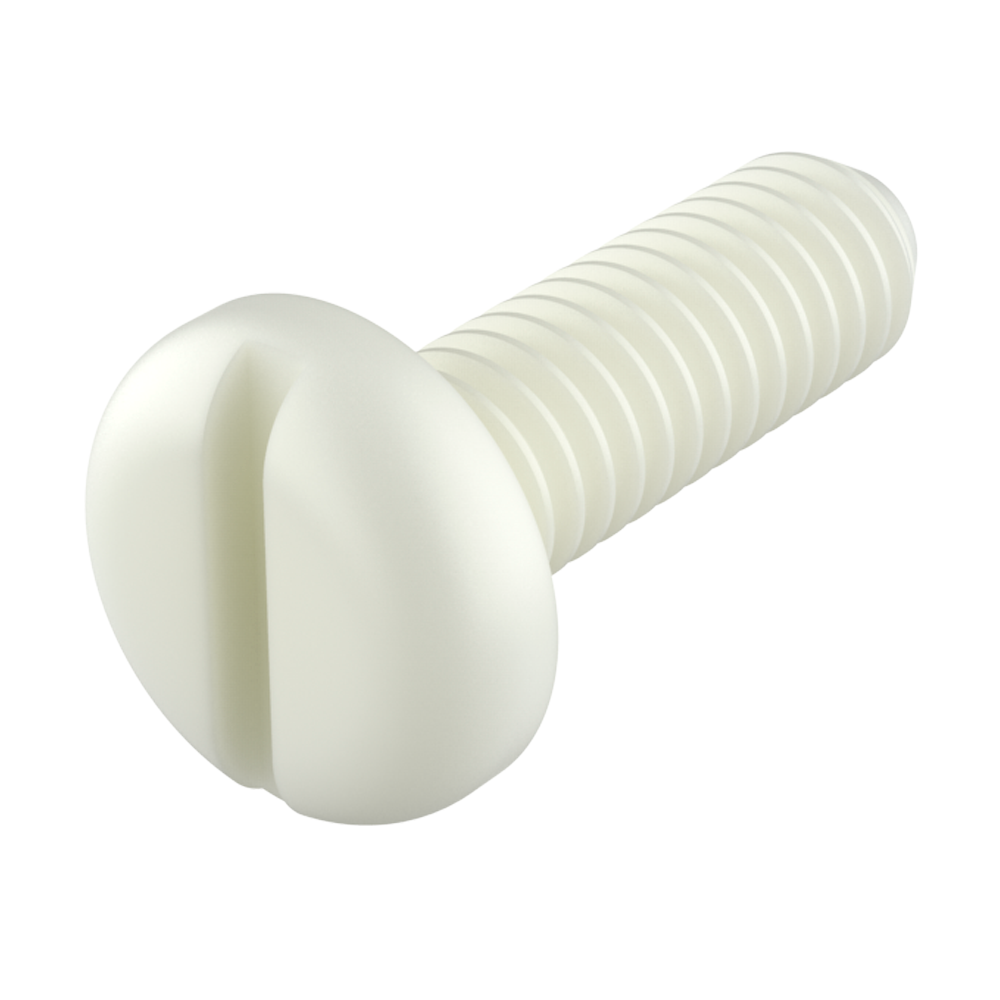 Nuestros tornillos con cabeza cilíndrica biselada ranurada (DIN 84) fabricados en <b>PA66</b>, ofrecen una excelente resistencia a productos químicos (ver ficha técnica), un alto nivel de rigidez dieléctrica, no se oxidan y previenen daños producidos por sobretensado.<br><br>Como alternativa, ofrecemos la posibilidad de fabricar estas referencias en <b>PP, PVDF, PEEK o en fibra de vidrio reforzada hasta un 50%</b>. <br><i>Las medidas de M2 y M2,5 se suministran únicamente en PA66</i>. También disponemos de algunas medidas de tornillos (1/4 - 20) fabricados en material PC (Policarbonato) transparente.<br><br>Contacte con nuestro departamento comercial si desea colores o materiales especiales y dimensiones adicionales, todo bajo un pedido mínimo.