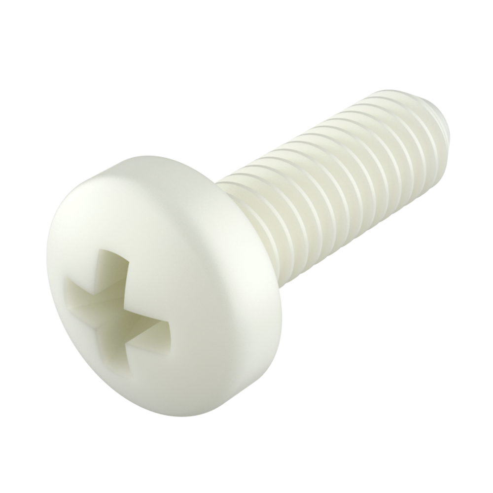 Nuestros tornillos con cabeza cilíndrica biselada <b>Phillips</b> (DIN 7986) fabricados en <b>PA66</b>, ofrecen una excelente resistencia a productos químicos (ver ficha técnica), un alto nivel de rigidez dieléctrica, no se oxidan y previenen daños producidos por sobretensado.