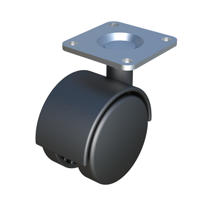 Rueda giratoria sin freno de rueda fabricada en material Polipropileno y diseñada con pletina de acero para fijarse en muebles de madera. La capacidad de carga individual aconsejable es de 50 Kgs.