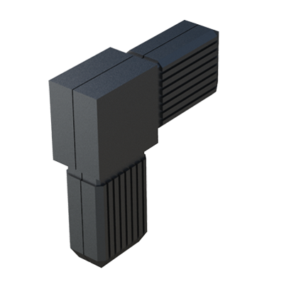 Nuestro conector en L permite unir <b>2 tubos rectangulares</b> perpendicularmente y se suministra <b>con</b> o <b>sin alma de acero</b> (S) - conector de dos partes.

Se emplea para bastidores con <b>cargas estáticas bajas - medias</b> o <b>altas</b> - según referencia (con una correcta construcción y distribución de pesos).

En caso de querer reforzar el conector por medio de remaches y tornillería, se debe evitar perforar el núcleo de acero para prevenir la corrosión por contacto.

El <b>Nylon</b> (PA6) utilizado es de alta resistencia y posee muy buenas propiedades contra al envejecimiento. <br>

Si la medida o cualquier otra especificación del producto no se encuentra dentro de nuestro programa estándar, contacte con nuestra oficina comercial.