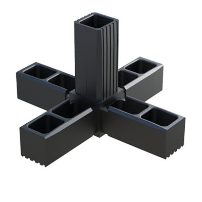 El conector en A permite unir <b>5 tubos cuadrados</b> y se suministra sin alma de acero (S) - conector de una sola pieza.

Se emplea para bastidores sometidos a <b>cargas estáticas bajas - medias</b> (con una correcta construcción y distribución de pesos). 

El <b>Nylon</b> (PA6) utilizado es de alta resistencia y se caracteriza por una vida útil muy larga y gran resistencia al envejecimiento.

El <b>refuerzo de fibra de vidrio</b> otorga una mayor resistencia, rigidez y estabilidad dimensional y térmica. <br>

Para otras especificaciones del producto - que no se reflejen en el programa estándar - contacte con nuestra oficina comercial.