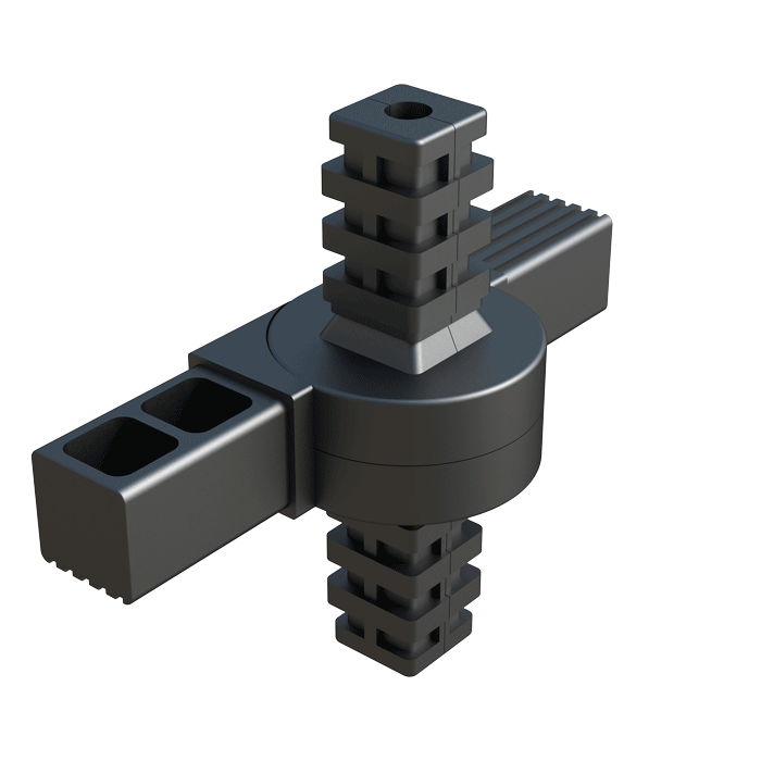 El conector <b>articulado</b> ha sido diseñado para conectar <b>4 tubos cuadrados</b> - conector de varias piezas.

En el eje horizontal, el sistema de articulación se puede ajustar continuamente <b>desde 0⁰ hasta 180⁰</b>, o <b>desde 0⁰ hasta 190⁰</b> - según referencia.

La espiga vertical puede girar alrededor de su propio eje, pero no se puede inclinar.

También se puede reemplazar para conectar tubos de dimensiones y geometrías distintas.

El <b>Nylon</b> (PA6) utilizado es de alta resistencia y se caracteriza por una vida útil muy larga y gran resistencia al envejecimiento.

<br><br> * <i><b>Tipo 1</b></i>: Movimento de rotación libre. <br> * <i><b>Tipo 3</b></i>: Movimento de rotación con bloqueador interior en las posiciones de 0º, 90º, 180º. <br> * <i><b>Tipo 4</b></i>: Movimento de rotación con un tope bloqueador a los 180º. <br><br>

Consulte a nuestra oficina comercial si la medida o cualquier otra especificación del producto no se encuentra dentro de nuestro programa estándar.