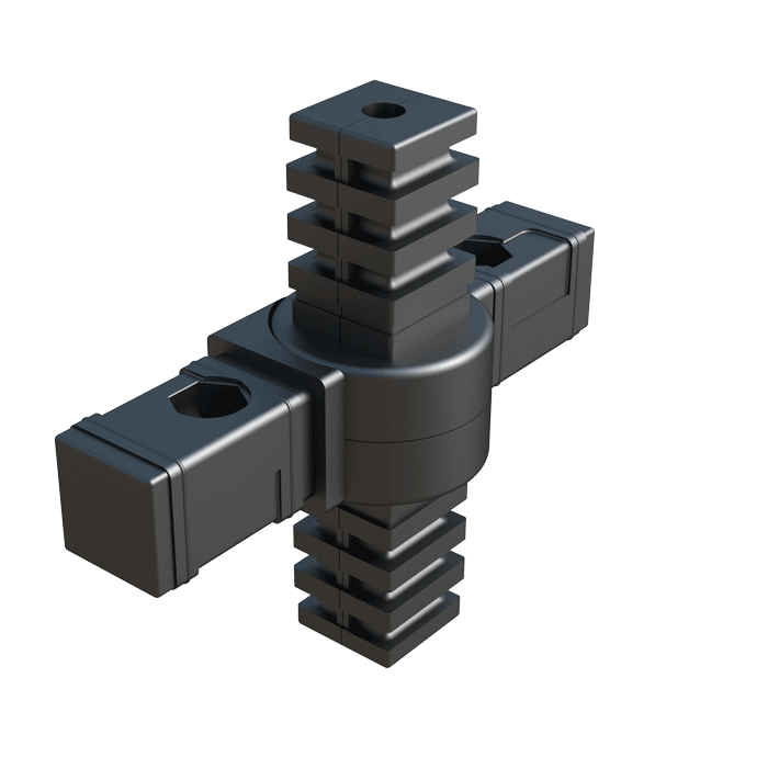 Conector <b>articulado</b> - de <b>Nylon</b> (PA6) de alta resistencia - diseñado para ensamblar <b>4 tubos cuadrados</b> - conector de varias piezas.

El sistema de articulación se puede ajustar continuamente <b>desde 0⁰ hasta 190⁰</b> o <b>desde 45⁰ hasta 200⁰</b> - según referencia (eje horizontal).

Las espigas del eje vertical pueden girar alrededor de su propio eje, pero no se pueden inclinar.

También se pueden remplazar para conectar tubos de dimensiones y formas diferentes.

Las espigas horizontales integran un alojamiento para tuerca hexagonal (<b>SW 10</b> o <b>SW 13</b> - según referencia) para poder fijar los tubos al conector - si se requiere.

<br><br> * <i><b>Tipo 1</b></i>: Movimento de rotación libre. <br><br>

Si las especificaciones que busca no se encuentran dentro del programa estándar del producto, consulte con nuestra oficina comercial.
