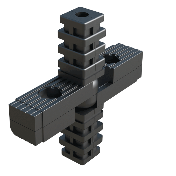 Nuestro conector <b>articulado</b> ha sido diseñado para conectar <b>4 tubos cuadrados</b> - conector de varias piezas.

Longitudinalmente, el sistema de articulación se puede ajustar continuamente <b>desde 60⁰ hasta 300⁰</b>.

Los conectores - expansores de las espigas verticales pueden girar alrededor de su propio eje, pero no se pueden inclinar.

A su vez, se pueden reemplazar para conectar tubos de dimensiones y secciones diferentes.

Si se quiere reforzar el conector, se pueden fijar las espigas horizontales al tubo mediante tuercas hexagonales (<b>SW 13</b>), y perforando los perfiles en la posición correspondiente.

El <b>Nylon</b> (PA6) utilizado es de alta resistencia y otorga - al conector - una larga vida útil. 

<br><br> * <i><b>Tipo 1</b></i>: Movimento de rotación libre. <br><br>

Contacte con nuestra oficina comercial si la medida o cualquier otra especificación del producto no se encuentra dentro del programa estándar.