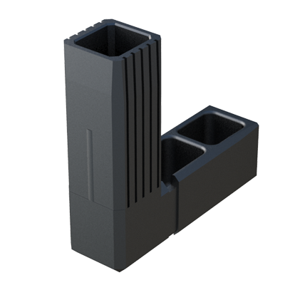Conector en L diseñado para ensamblar <b>2 tubos cuadrados</b> a 90⁰ de forma “invisible” (corte de inglete de 45⁰).

Se suministra sin alma de acero (S) - conector de una sola pieza - y se emplea en bastidores con <b>cargas estáticas bajas - medias</b> (con una correcta construcción y distribución de pesos). 

El <b>Nylon</b> (PA6) utilizado es de alta resistencia y se caracteriza por una vida útil muy larga y gran resistencia al envejecimiento.

El <b>refuerzo de fibra de vidrio</b> otorga una mayor rigidez y estabilidad dimensional y térmica. <br>

Consulte a nuestra oficina comercial si la medida o cualquier otra especificación del producto no se encuentra dentro de nuestro programa estándar.