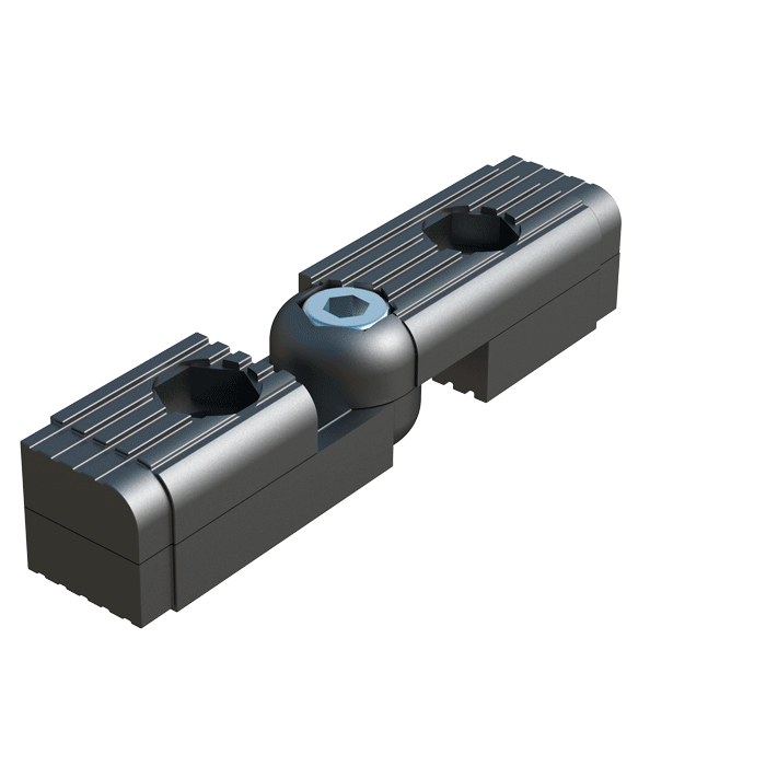 Nuestro conector <b>articulado</b> ha sido diseñado para conectar <b>2 tubos cuadrados</b> continua y libremente <b>desde 60⁰ hasta 300⁰</b> - conector de varias piezas.
Si se quiere reforzar el conector, se pueden fijar las espigas horizontales al tubo mediante tuercas hexagonales (<b>SW 13</b>), y perforando los perfiles en la posición correspondiente.
El <b>Nylon</b> (PA6) utilizado ofrece gran resistencia al conjunto y le proporciona una larga vida útil.
<br><br> * <i><b>Tipo 1</b></i>: Movimento de rotación libre. <br><br>
Para otras especificaciones del producto - que no se reflejen en el programa estándar - contacte con nuestra oficina comercial.