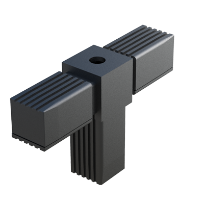 Conector en T diseñado para unir <b>3 tubos cuadrados</b>.

 Se suministra <b>con</b> o <b>sin alma de acero</b> (S), o <b>de acero zincado</b> (ZCS) - conector de dos partes.

Permite construir estructuras sometidas a <b>cargas estáticas bajas - medias</b> o <b>altas</b> - según incorpore o no el núcleo de acero.

Tiene una rosca <b>M8</b> o <b>M10</b> - según referencia - para adaptar un pie nivelador o una rueda, y conformar la base del bastidor.

En caso de querer reforzar el conector mediante pasadores y tornillería, se debe evitar perforar el núcleo de acero para prevenir la corrosión por contacto.

El <b>Nylon</b> (PA6) utilizado es de alta resistencia y se caracteriza por una vida útil muy larga y gran resistencia al envejecimiento. <br>

Consulte a nuestra oficina comercial si la medida o cualquier otra especificación del producto no se encuentra dentro del programa estándar.