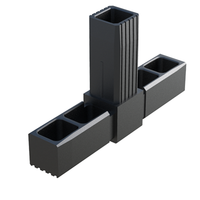 Conector en T diseñado para ensamblar <b>3 tubos cuadrados</b>.

Se suministra sin alma de acero (S) - conector de una sola pieza.

Permite construir bastidores que vayan a estar sometidos - con una correcta construcción y distribución de pesos - a <b>cargas estáticas bajas - medias</b>.

El <b>Nylon</b> (PA6) utilizado es de alta resistencia y se caracteriza por una vida útil muy larga y gran resistencia al envejecimiento, aún más reforzada por la <b>fibra de vidrio</b>. <br>

Si en el programa estándar no encuentra las especificaciones del producto deseadas, contacte con nuestra oficina comercial.