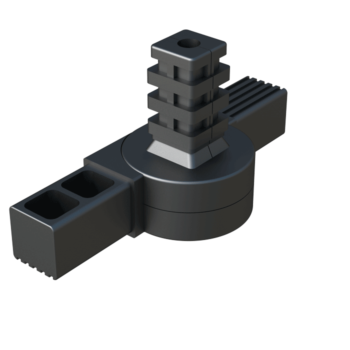 Nuestro conector <b>articulado</b> ha sido diseñado para conectar <b>3 tubos cuadrados</b> - conector de varias piezas.

En el eje horizontal, el sistema de articulación se puede ajustar continuamente <b>desde 0⁰ hasta 180⁰</b>, <b>desde 0⁰ hasta 190⁰</b>, <b>desde 45⁰ hasta 195⁰</b> o aún <b>desde 60⁰ hasta 232⁰</b> - según referencia.

La espiga vertical puede girar alrededor de su propio eje, pero no se puede inclinar, y se puede reemplazar para conectar tubos de dimensiones y secciones diferentes.

El <b>Nylon</b> (PA6) utilizado es de alta resistencia y se caracteriza por una vida útil muy larga y gran resistencia al envejecimiento.

<br><br> * <i><b>Tipo 1</b></i>: Movimiento de rotación libre. <br> * <i><b>Tipo 2</b></i>: Movimiento de rotación con dentado interior de 15º. <br> * <i><b>Tipo 3</b></i>: Movimiento de rotación con bloqueador interior en las posiciones de 0º, 90º, 180º. <br> * <i><b>Tipo 4</b></i>: Movimiento de rotación con un tope bloqueador a los 180º. <br><br>

Consulte a nuestra oficina comercial si la medida o cualquier otra especificación del producto no se encuentra dentro del programa estándar.