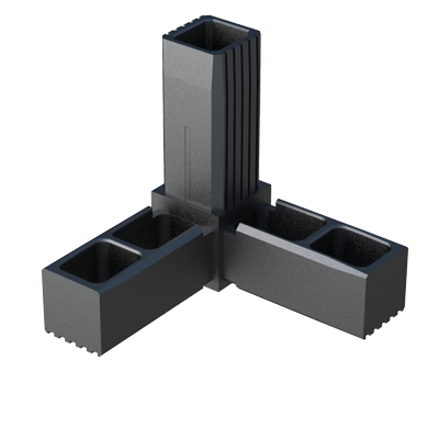 El conector en Y permite ensamblar <b>3 tubos cuadrados</b> y se suministra sin alma de acero (S) - conector de una sola pieza.

Con una correcta construcción y distribución de los pesos, permite construir bastidores sometidos a <b>cargas estáticas bajas - medias</b>. 

El <b>Nylon</b> (PA6) utilizado es de alta resistencia y ofrece grandes propiedades frente al envejecimiento (larga vida útil).

El <b>refuerzo de fibra de vidrio</b> otorga una mayor resistencia, rigidez y estabilidad dimensional y térmica. <br>

Para otras especificaciones del producto - que no se reflejen en el programa estándar - contacte con nuestra oficina comercial.