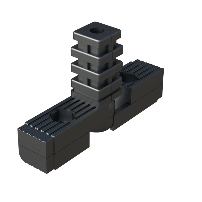 Conector <b>articulado</b> - de <b>Nylon</b> (PA6) de alta resistencia - diseñado para empalmar <b>3 tubos cuadrados</b> - conector de varias piezas y con almas de aluminio.

En el eje horizontal, y de forma continua, se puede ajustar el sistema de articulación <b>desde 60⁰ hasta 300⁰</b>.

La espiga vertical puede girar alrededor de su propio eje, pero no se puede inclinar.

También se puede reemplazar para conectar tubos de dimensiones y secciones diferentes.

Las espigas horizontales tienen un alojamiento para tuerca hexagonal (<b>SW 13</b>) por si se quieren fijar los tubos al conector.
<br><br> * <i><b>Tipo 1</b></i>: Movimento de rotación libre. <br><br>

Para consultar otras especificaciones del producto - que no se muestren en el programa estándar - contacte con nuestra oficina comercial.